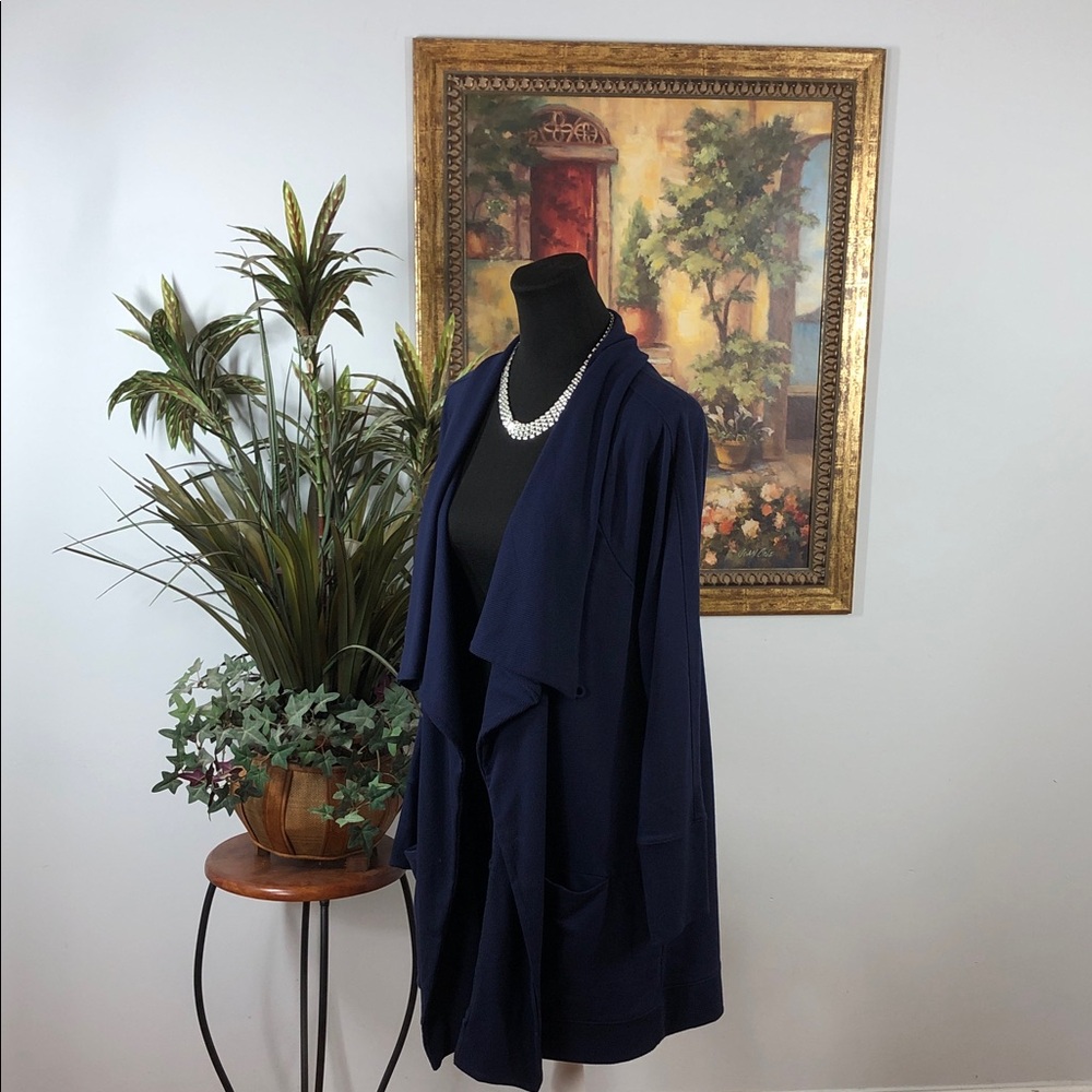 Chico’s Synergy Navy Women's Wrap Cadigan Blue Long Sleeve One Button Lagenlook - Picture 5 of 16